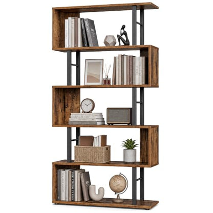 VASAGLE 6-Tier Bookshelf, S-Shaped Wood and Metal Bookcase, Tall Narrow Display Shelf, 23.6 x 9.4 x 62.6 in, for Living Room Storage, Rustic Brown and Matte Black, Barnet Collection ULLS182KD01 - color: Rustic Brown, style: 6-Tier (23.6"W)