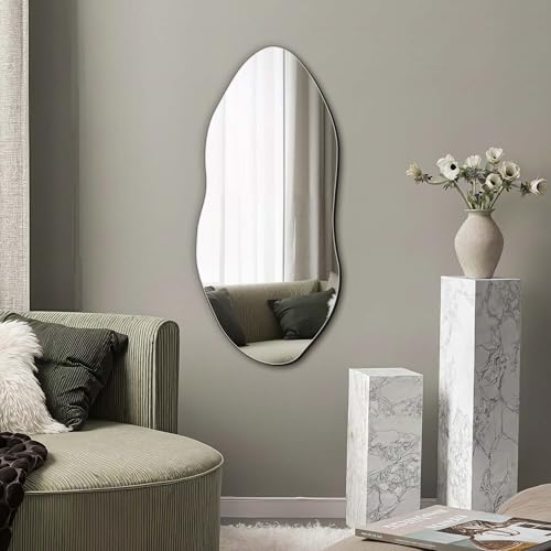 Irregular Wall Mirror, 32"x14" Slim Vertical Wavy Design | Frameless, Entryway, Hallway & Bathroom, Modern Boho, Wall-Mounted - size: 32"L x 14"W