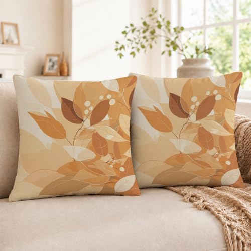 Floral 18x18 Throw Pillow Covers Set of 2, Decorative Vintage Floral Cushion Cases for Couch Sofa Bed, Morandi Peach Orange Nordic Linen Pillowcases Modern Home Decor Leaves-05 - color: Leaves-05