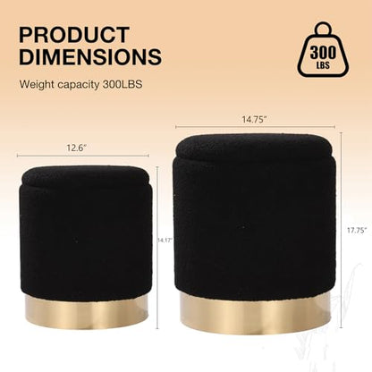 Round Ottoman with Storage Set of 2, Black Sherpa Vanity Stool | Upholstered,Small Ottoman Coffee Table,Removable Lid,Foot Stool for Living Room,Bedroom,Assembly Free, Gold and Black - color: Sherpa Black