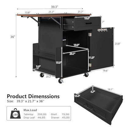 39.3" Farmhouse Kitchen Island with Drop Leaf and Open Side Rack, Small Kitchen Rolling Cart with Drawer and Storage Cabinet, Mobile Dining Table with Lockable Wheels and Towel Rack for Garden Black - color: Black