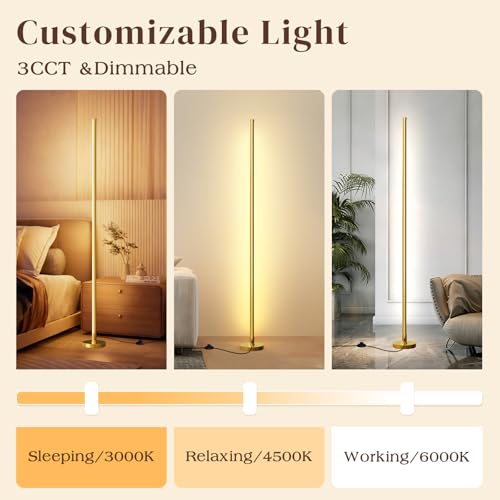 Corner Lamp,Minimalist LED Floor Lamp,Gold,1 Pack | Remote Control, Dimmable, 24 W, 7 Color Temperature 3000K-6000K, For Living Room, Bedroom, Home Office - color: Gold, size: 1 pack