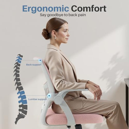 Sweetcrispy Computer Desk Chair, Home Office Chair, Lumbar Support | Flip Up Armrest, Adjustable Height, 360° Swivel Wheels, Ergonomic Mesh Mid-Back, Comfy Arms Bedroom Study - color: Pink, size: 23.22 Inch
