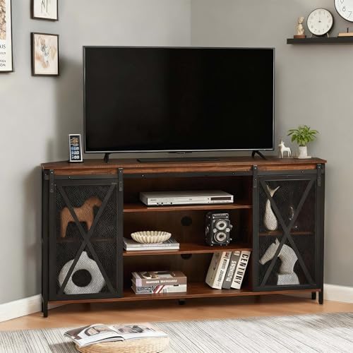 HOMISSUE Corner TV Stand for 55 Inch TV, Rustic Corner Entertainment Center with Storage, Industrial Media Console Table with Sliding Barn Door, Tall TV Cabinets Center for Living Room, Brown - size: 32"H x 55.1" W x 15.35" D.