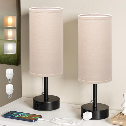 Beige Bedside Table Lamps Set of 2 - Bedroom Lamp for Desk, AC Outlet | 3CCT(3000K/4000K/5000K), LED Bulbs Included, Beige Fabric Lampshade, 14in Small Lamp for Nightstand, Guest Room, Living Room - color: Beige, size: 14.0in