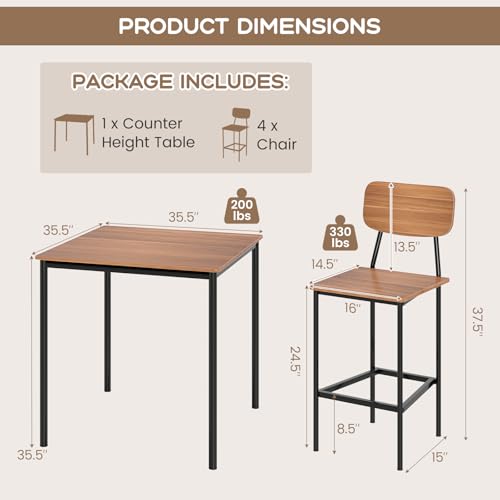 Giantex 5-Piece Dining Table Set W/Counter Height Table & 4 Bar Stools, Industrial Kitchen Dining Table Set W/Footrest & Backrest, Space-Saving Dinette Set for Pub, Dining Room, Restaurant (Teak) - color: Teak