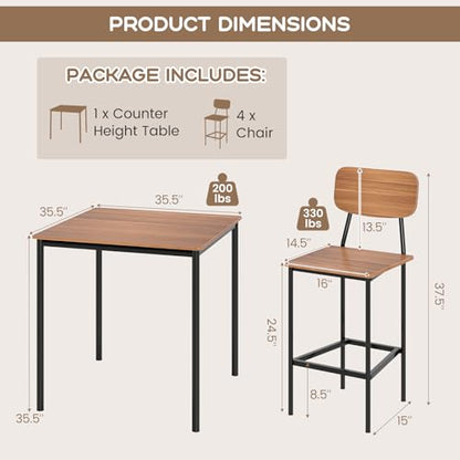 Giantex 5-Piece Dining Table Set W/Counter Height Table & 4 Bar Stools, Industrial Kitchen Dining Table Set W/Footrest & Backrest, Space-Saving Dinette Set for Pub, Dining Room, Restaurant (Teak) - color: Teak