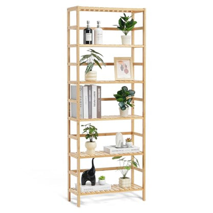 VEVOR 6-Tier Bamboo Shelf, Open Wood Bookshelf, Display Storage Rack Organizer, Freestanding Flower Plant Stand, Multifunctional Bamboo Bookshelf Ideal for Bathroom, Bedroom, Office, Study, Natural - style: 6-Tier
