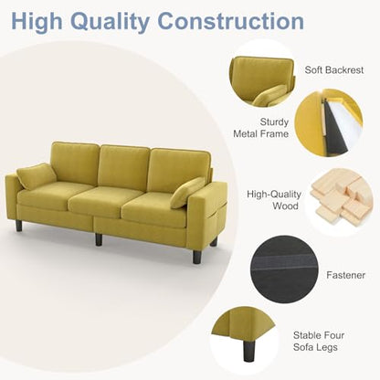 KINTNESS 78” 3 Seater Sofa Couch for Living Room, Modern Sectional Sofa with Deep Seat & Armrest Pillow, Comfy Sofa Set for Bedroom, Apartment and Office, Removable Covers, Non-Slip, Yellow | COTTON - size: 3 seater