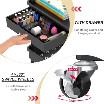 Goovilla 3 Tier Rolling Utility Cart Organizer with Removable Drawer, Black | Stable and Sturdy Rolling Storage Carts with 2 Lockable Wheels for Bathroom, Kitchen, Snack, Craft, Makeup, Baby Essentials - size: 3 Tier, style: Black