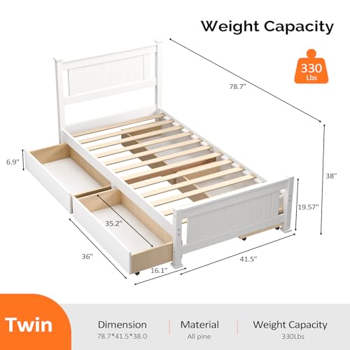 VINGLI Twin Size Solid Wood Bed with 4 Storage Drawers and Headboard,Modern Minimalist Panel Platform Bed for Kids,Adults & Guests,Sleigh Bed,Crisp White - size: Twin