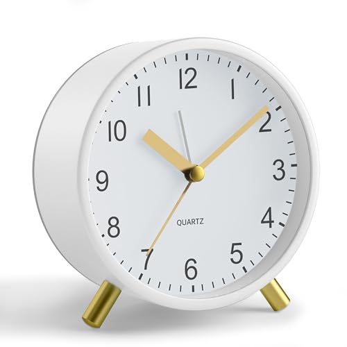 JALL Analog Alarm Clock, 4 inch Super Silent Non Ticking Small Clock with Night Light, Battery Operated, Simple Design, Easy Setting for Office, Bedroom, Bedside, Desk, Teens, Elders, Adult, White - color: White+gold