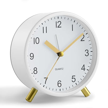JALL Analog Alarm Clock, 4 inch Super Silent Non Ticking Small Clock with Night Light, Battery Operated, Simple Design, Easy Setting for Office, Bedroom, Bedside, Desk, Teens, Elders, Adult, White - color: White+gold
