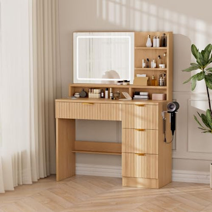 LIVELYGLOW 35.4" Wooden Makeup Vanity Set with Charging Station & Stool | Smart LED Mirror, Fluted Design, Cushioned Stool, Hairdryer Rack - color: Wooden
