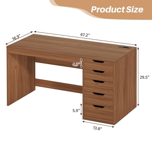 47 Inch Computer Desk with 5 Drawers and Power Outlets for Small Spaces | Home Office Desks with Storage File Cabinet and Charging Station, Modern Simple Laptop Desk Writing Table, Brown - color: Brown