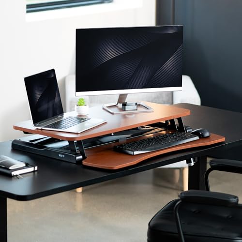 VIVO 32 inch Desk Converter, K Series, Height Adjustable Sit to Stand Riser, Dual Monitor and Laptop Workstation with Wide Keyboard Tray, Dark Walnut Top, Black Frame, DESK-V000KA | Height Adjustable, Stand Up Desk Riser, Wide Keyboard Tray, Dual Monitor