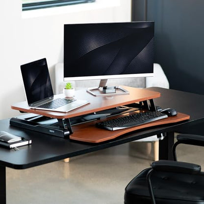 VIVO 32 inch Desk Converter, K Series, Height Adjustable Sit to Stand Riser, Dual Monitor and Laptop Workstation with Wide Keyboard Tray, Dark Walnut Top, Black Frame, DESK-V000KA | Height Adjustable, Stand Up Desk Riser, Wide Keyboard Tray, Dual Monitor
