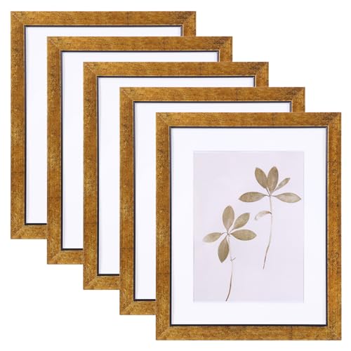 Fixwal 8x10 Picture Frame Set of 5 with Tempered Glass, Brown | Premium PS Product, Farmhouse-Style, Durability And Longevity, Wall or Tabletop Decor - color: B-Antique Brass Finish, size: 8x10