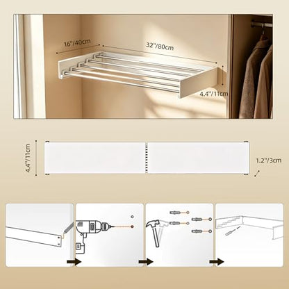 Wall Mounted Drying Rack 32", Rust-Resistant, for Laundry & RV | Folds to 1.2" Ultra-Thin, Space Aluminum, for RV & Apartment, Collapsible Clothes Drying Rack - size: 32 Inches