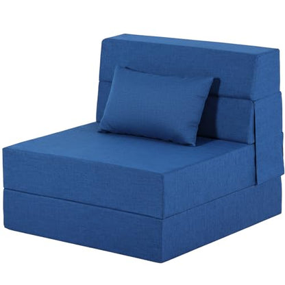 Fvkind Folding Sofa Bed with Pillow, Washable Cover, Single Size, Blue | Linen-Like Fabric - Foldable Space-Saving Design - Portable Guest Bed - Living Room & Apartment - Adults & Guests - color: Blue, size: Single