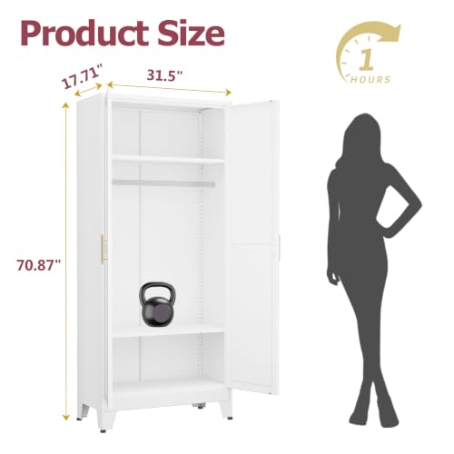 GAIOUS Metal Wardrobe Cabinet with Hanging Rod, Clothing Storage Cabinets | with 2 Doors and Adjustable Shelves, 71" Metal White Armoire Wardrobe Closet for Bedroom, Laundry Room, Cloak Room - color: No Drawer White, size: 17.71"D x 31.5"W x 71"H