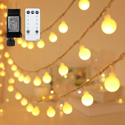 RaThun Globe String Lights Plug in 116 Ft. 200 LED 8 Modes with Remote,Waterproof Fairy String Lights for Indoor Outdoor Bedroom Party Wedding Garden Christmas Tree Decor,Warm White | 200 LED Fairy Lights with Timer, 8 Modes, 16ft Extended Lead, Plug in f
