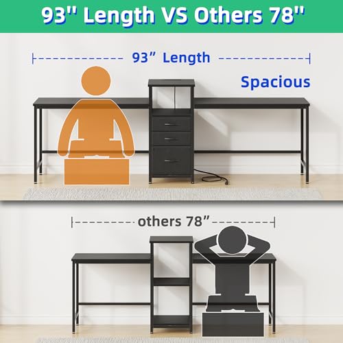 GYIIYUO 93'' Two Person Desk with Charging Station, Long Desk with 3 Drawer | Double Computer Desk with Printer Shelf, 2 Person Writing Study Table Workstation for Home Office, Black - color: Black