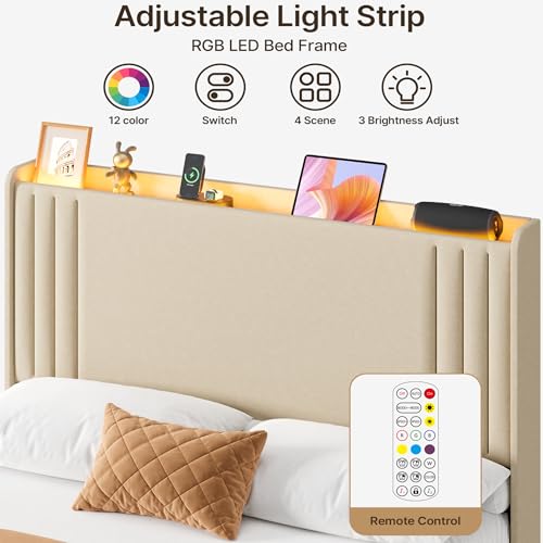 Gizoon Full Bed Frame with Charging Station and LED Lights | Upholstered Wingback Platform Bed with Padded Headboard,Wooden Slats,Noise-Free,No Box Spring Needed, Easy Assembly,Beige - color: Beige+led, size: Full