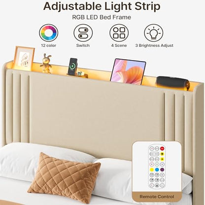 Gizoon Full Bed Frame with Charging Station and LED Lights | Upholstered Wingback Platform Bed with Padded Headboard,Wooden Slats,Noise-Free,No Box Spring Needed, Easy Assembly,Beige - color: Beige+led, size: Full