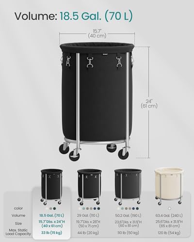 SONGMICS Laundry Basket, Rolling Steel Frame with 2 Locking Wheels, 70 L | Heavy-Duty Laundry Hamper Cart with Removable Bag, Ink Black and Metallic Silver, URLS006B01 - color: Ink Black + Metallic Silver, size: 70 L (1-Section)