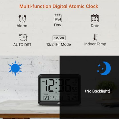 Self-Setting Atomic Digital Wall Clock with Auto DST | Battery Operated, Large Display with Temperature, Date and Day, 4 Time Zones, Wall Mount/Desktop Clock for Classroom, Office - size: Medium