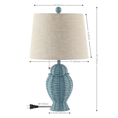 JONATHAN Y 20.5" Wicker Table Lamp, Blue with Beige Shade, Set of 2 | Margie Bohemian Rustic Farmhouse Coastal Urn Rattan Metal, Pull Chain Switch, Linen, LED Bulbs Included - color: Blue