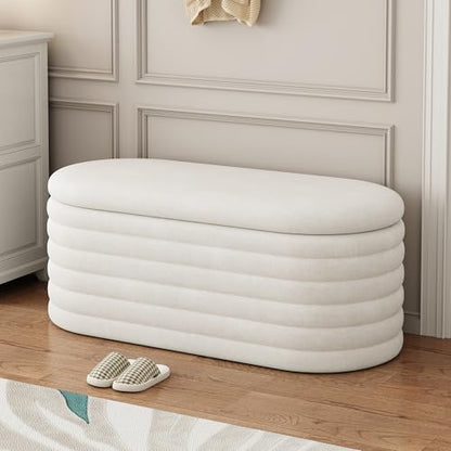 Storage Ottoman Bench 40 inch Upholstered Chenille Fabric Storage Bench for Bedroom End of Bed Stool Aesthetic Large Storag Ottoman for Living Room Entryway,Beige White | Chenille Fabric Storage Ottoman, End of Bed Stool,Large Bench Hidden Storage,No Asse