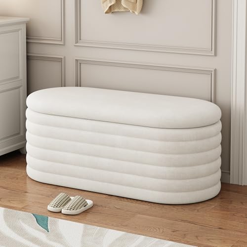 Storage Ottoman Bench 40 inch Upholstered Chenille Fabric Storage Bench for Bedroom End of Bed Stool Aesthetic Large Storag Ottoman for Living Room Entryway,Beige White | Chenille Fabric Storage Ottoman, End of Bed Stool,Large Bench Hidden Storage,No Asse