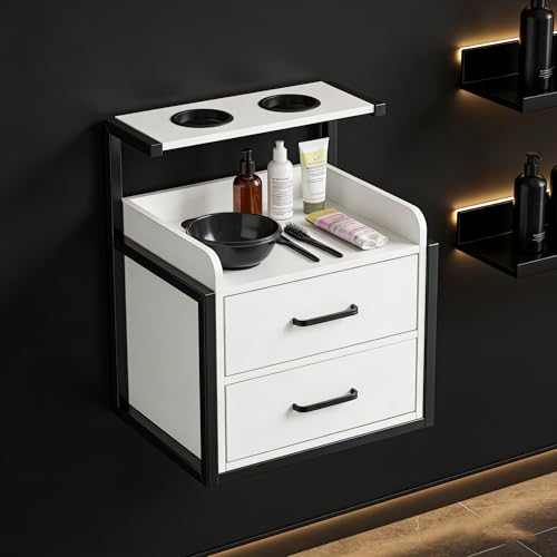 Suspended Salon Wall Cabinet with 2 Drawers & Hair Dryer Holder, Storage Cabinet for Hair Salon, Wall Mounted Styling Station, 15.75'' Wide Storage for Hair Salons, Spas, Home Use (White) - color: White