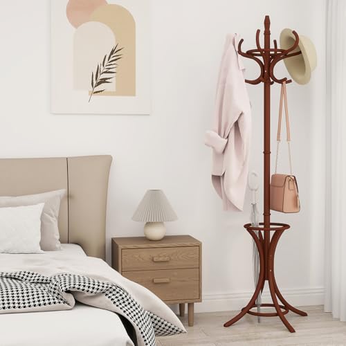 Giantex Solid Wood Coat Rack, Freestanding Hanger Stand w/12 Hooks, Umbrella Holder, Entryway Hall Tree for Coat, Hats, Scarves, Bags, Wooden Garment Rack for Bedroom, Hallway (Reddish Brown) - color: Reddish Brown