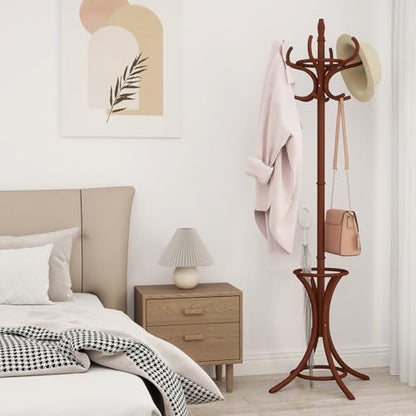 Giantex Solid Wood Coat Rack, Freestanding Hanger Stand w/12 Hooks, Umbrella Holder, Entryway Hall Tree for Coat, Hats, Scarves, Bags, Wooden Garment Rack for Bedroom, Hallway (Reddish Brown) - color: Reddish Brown