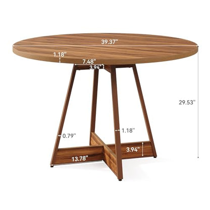 LITTLE TREE 39 Inches Round Dining Table for 2-4, Farmhouse Circle Kitchen Table for Dining Room, Wooden Dinner Table with Heavy Duty Pedestal, Small Bistro Table for Restaurant, Brown