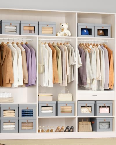 Storage Bins with Lid – Closet Organizer with Side Opening and Clear Window, Foldable Stackable Fabric Basket for Clothes, Home, Office - 13.77" x 11.8" x 9.8", 4 Pack, Grey - color: Grey, size: 13.7 Inch-4 Pack