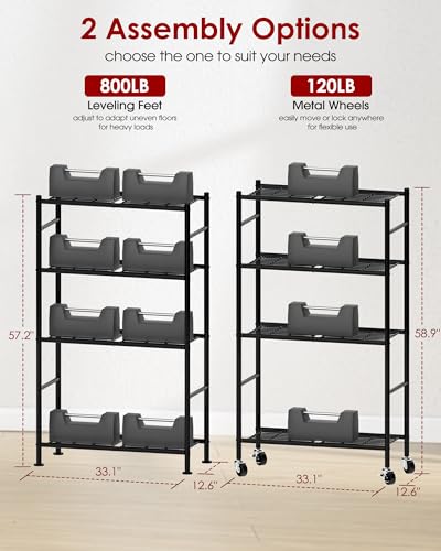 Sakugi 4-Tier Storage Shelves 33.1" x12.6" x58.9" Black with Wheels | Kitchen, Closet, Pantry, Garage, Heavy Duty, Adjustable Feet, Metal Construction - color: Black, size: 33.1W x 12.6D x 58.9H(4T)