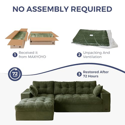MAXYOYO Boneless Couch, 104-Inch L-Shaped Cloud Couch with Ottoman | Dark Green Upholstered Sofa Features Layered Cushions and Flexible Modules with No Assembly, Ideal for Modern Living Rooms. - color: Dark Green, size: 104" L Shape