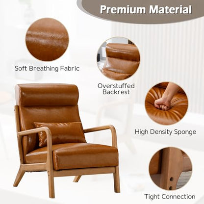 Mid Century Modern Accent Chair with High Back, PU Leather Reading Armchair with Waist Cushion, Upholstered Wood Frame Living Room Chairs for Bedroom Sunroom, Camel - color: Camel