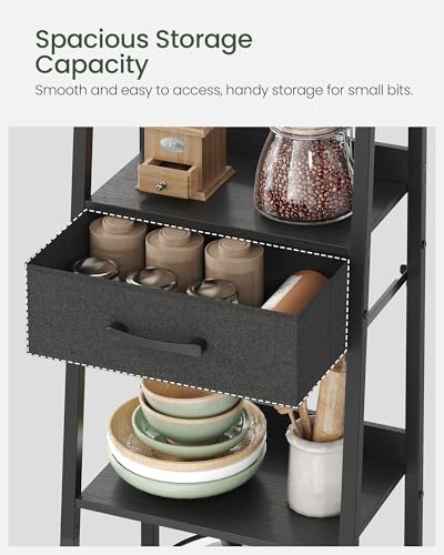 5 Tier Ladder Shelf with Drawer, Tall Ladder Bookshelf, Standing Bookcase with Metal Frame for Living Room, Bathroom, Home Office, Study, Balcony, Black TCJ07BB - color: Black