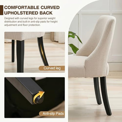 UVV Wooden Dining Chairs Set of 2, Mid Century Upholstered Dining Room Chair Kitchen Chairs, Fabric Dinner Chair with Solid Wood Legs for Kitchen Dining Room, Beige-Black Legs - color: Beige-black Legs, size: Set of 2