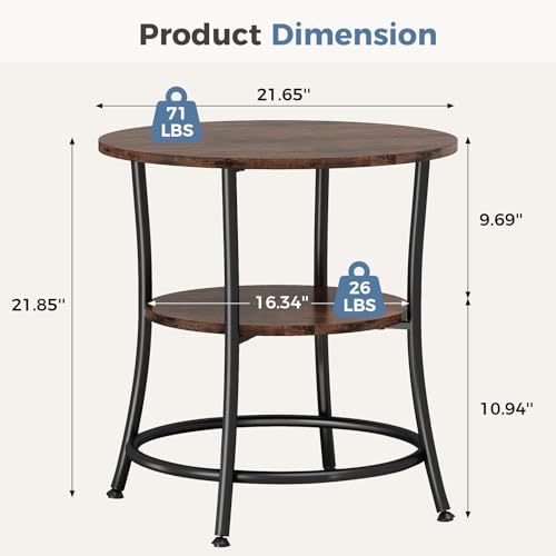OLIXIS 21.85-Inch Round End Table, 2-Tier Side Table for Living Room, Accent Stand with Storage Shelf, Sturdy Metal Frame Nightstand for Small Space, Round Bedside, Rustic Brown and Ink Black - color: Rustic Brown & Ink Black