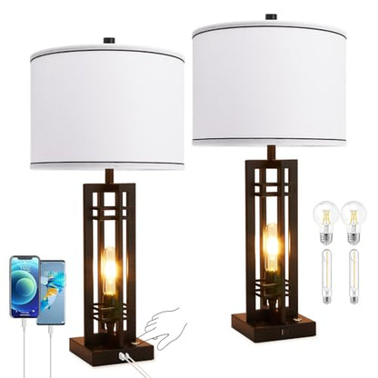 Set of 2 Farmhouse Table Lamps for Living Room,27-inch Bedside Lamps | White Shade Desk Lamps with USB A+C Ports, 3-Level Dimmable Touch Light, 4 LED Bulbs Included, Bedroom Home Office Nightstand - color: White
