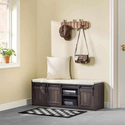 Haotian Entryway Shoe Storage Bench | Shoe Rack Bench with Sliding Barn Doors, Drawer & Padded Seat Cushion, Rustic Window Bench for Mudroom