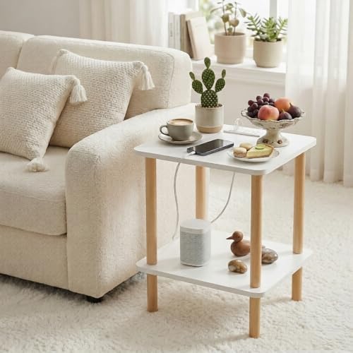 FORAOFUR End Table with Charging Station, End Tables with USB Ports and Outlets, Small Side Table for Living Room, Bedroom & Office, Two-Tier Narrow Side Table, Easy Assembly | Slim profile for bedroom or office corners, USB & outlets, tool-free assembly