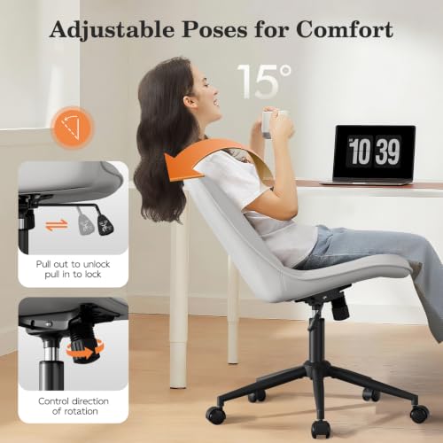 Armless Office Chair, Swivel Rolling Leather Desk Chair, White | Waterproof Upholstery, Padded Seat, 15° Relaxing Tilt, 330 LBS Capacity, for Bedroom Vanity and Computer Work - color: White