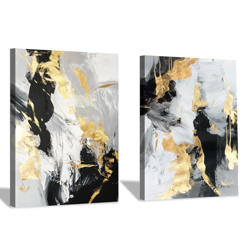 Black White Gold Abstract Canvas Wall Art Modern Minimalist Painting Black White Grey Wall Art Abstract Graffiti Painting Modern Gold Foil Artwork for Living Room Bedroom Bathroom 16x24inchx2 (Framed) - color: A-Framed, size: 16L" x 24W"